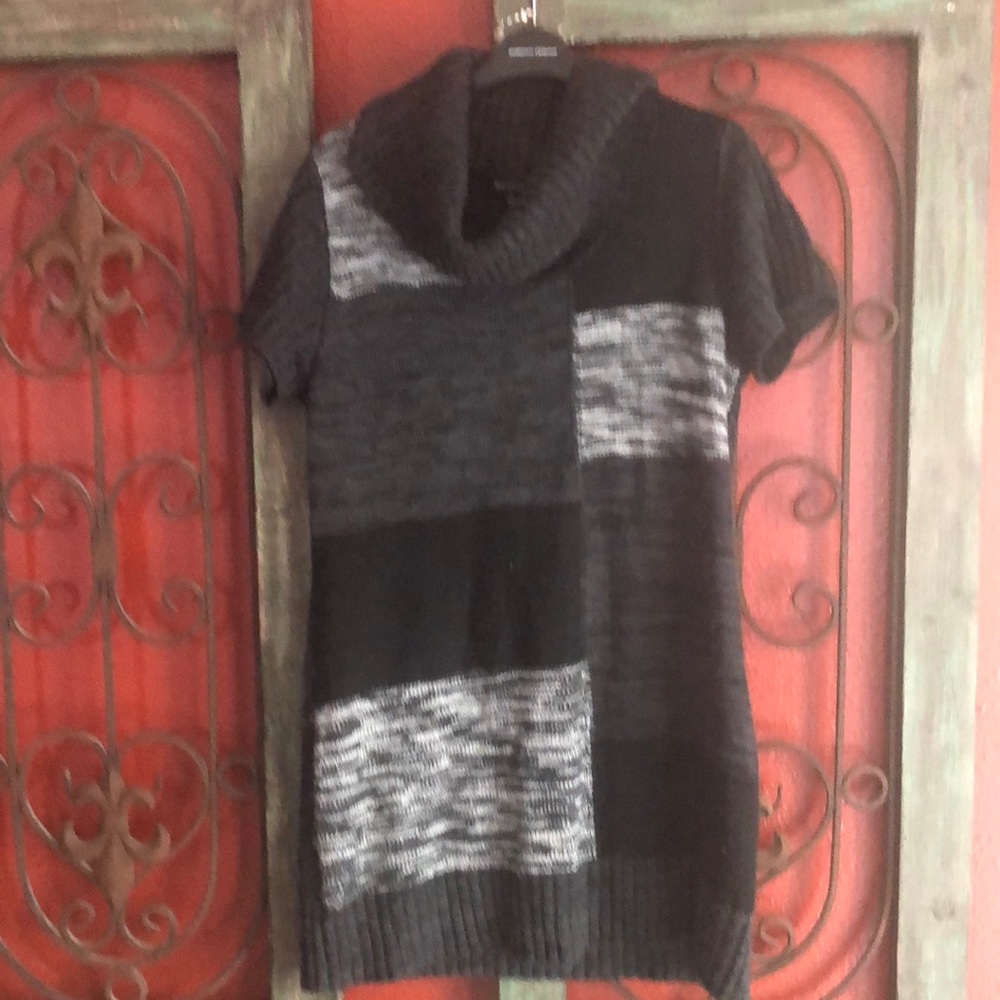 Short sleeve cowl neck tunic sweater